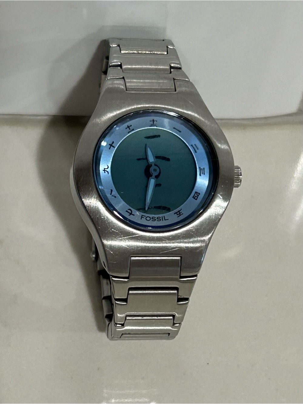 Vintage Fossil Big Tic JR-8000 Blue Kanji Stainless S… - Gem